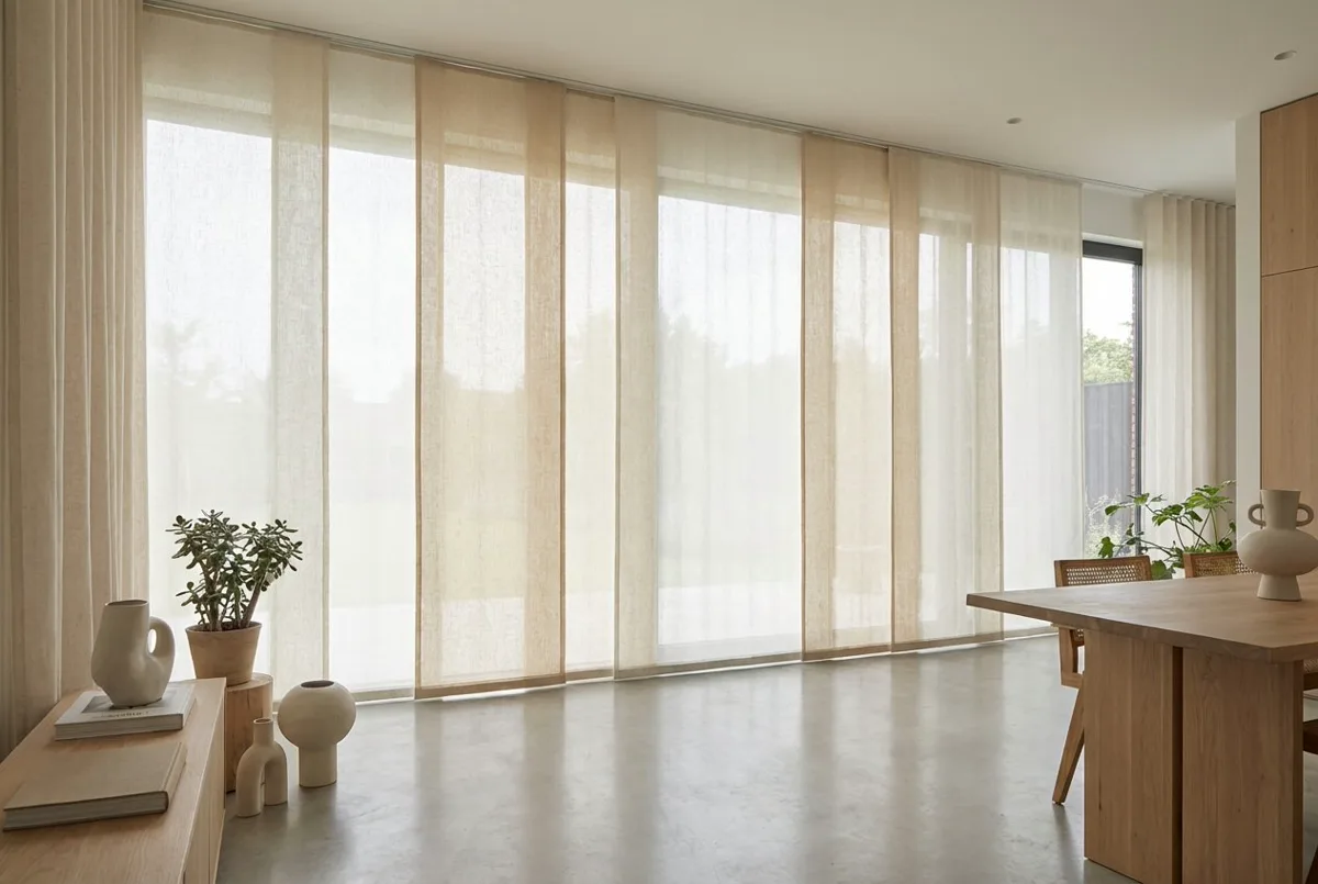 Flächenvorhänge in einem modernen Wohnraum